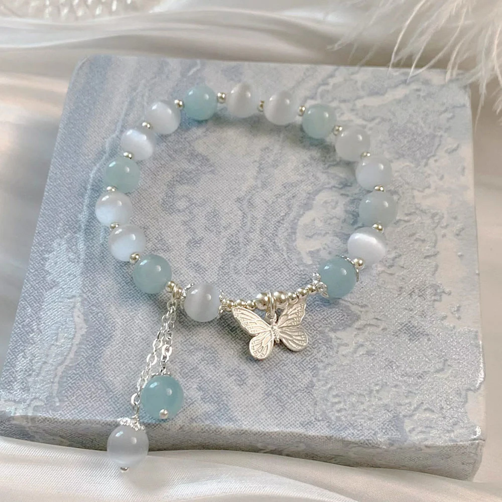Buddha Stones Cat's Eye Aquamarine Butterfly Charm Support Bracelet