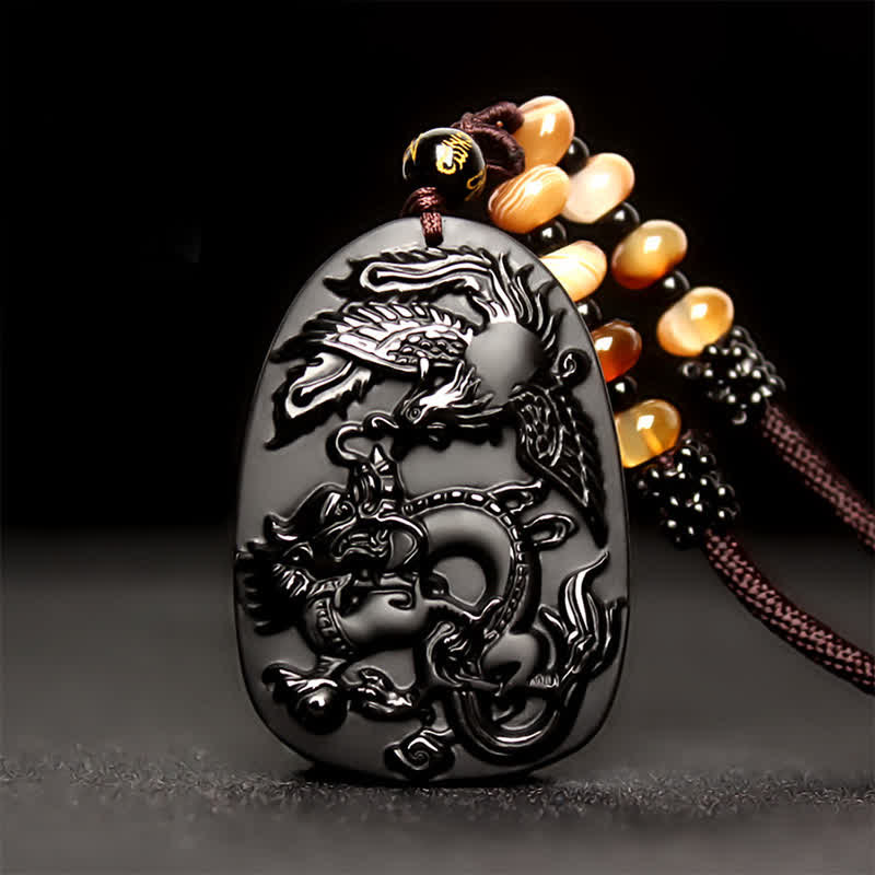 Buddha Stones Black Obsidian Tiger Eye Dragon Phoenix Protection Beaded Necklace Pendant