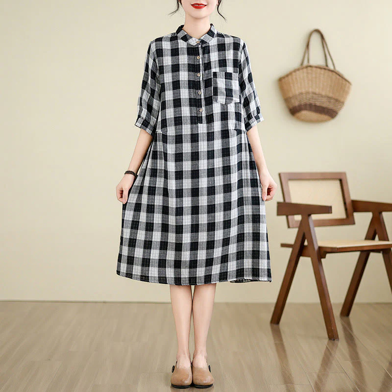 Buddha Stones Casual Plaid Pattern Half Sleeve Cotton Linen Midi Dress With Pockets