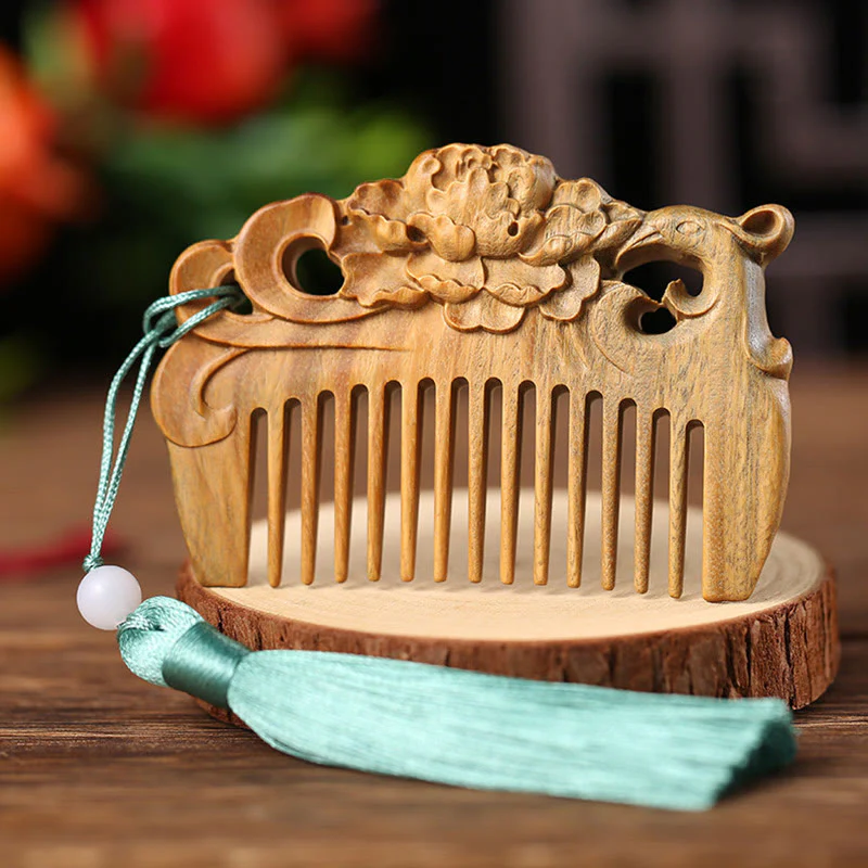 Buddha Stones Green Sandalwood Fox Peony Flower Lotus Engraved Cure Tassel Comb