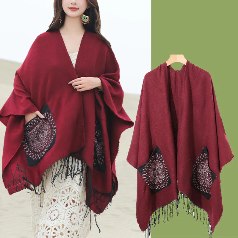 Buddha Stones Tibetan Geometric Round Mandala Pattern Tassels Shawl Fall Winter Cozy Scarf Wrap With Pockets