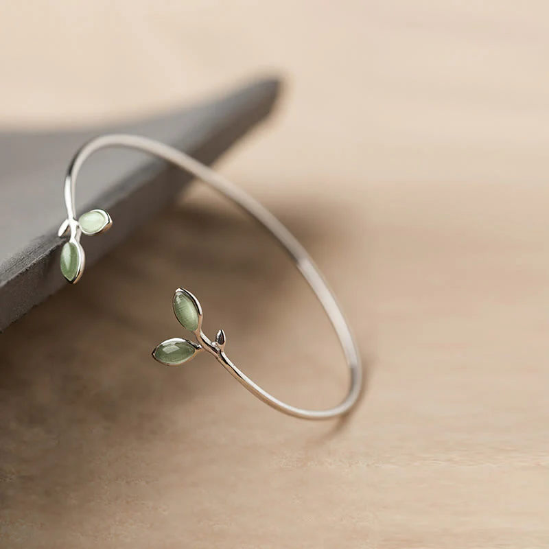 Buddha Stones Leaf Pattern Cat Eye Support Cuff Bracelet Bangle