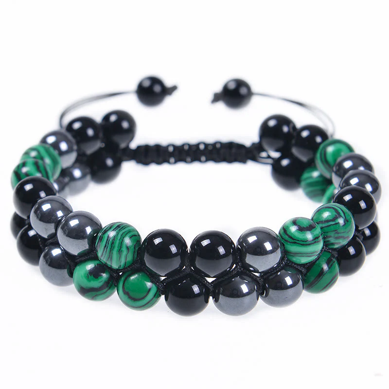 Buddha Stones Natural Malachite Black Magnetite Black Obsidian Double Row Beads Anti-Anxiety Bracelet