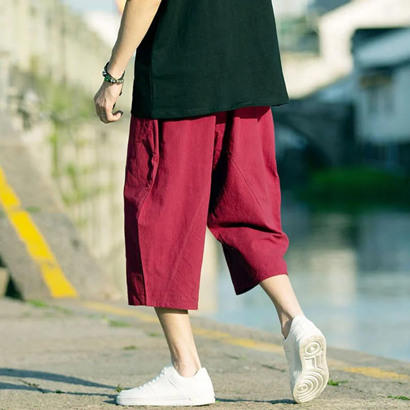 Buddha Stones Summer Plain Pleat Design Drawstring Men's 7-8 Length Cotton Linen Pants With Pockets