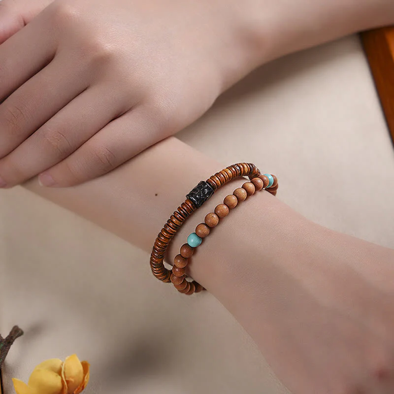 Buddha Stones Sandalwood Turquoise Protection Double Wrap Bracelet