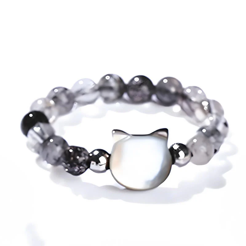 Buddha Stones 3mm Black Rutilated Quartz Tridacna Stone Rabbit Cat Ring