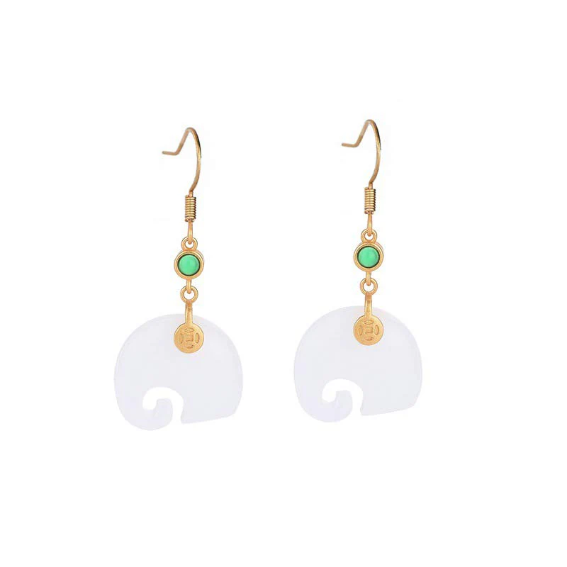 Buddha Stones FengShui Elephant White Jade Fortune Earrings