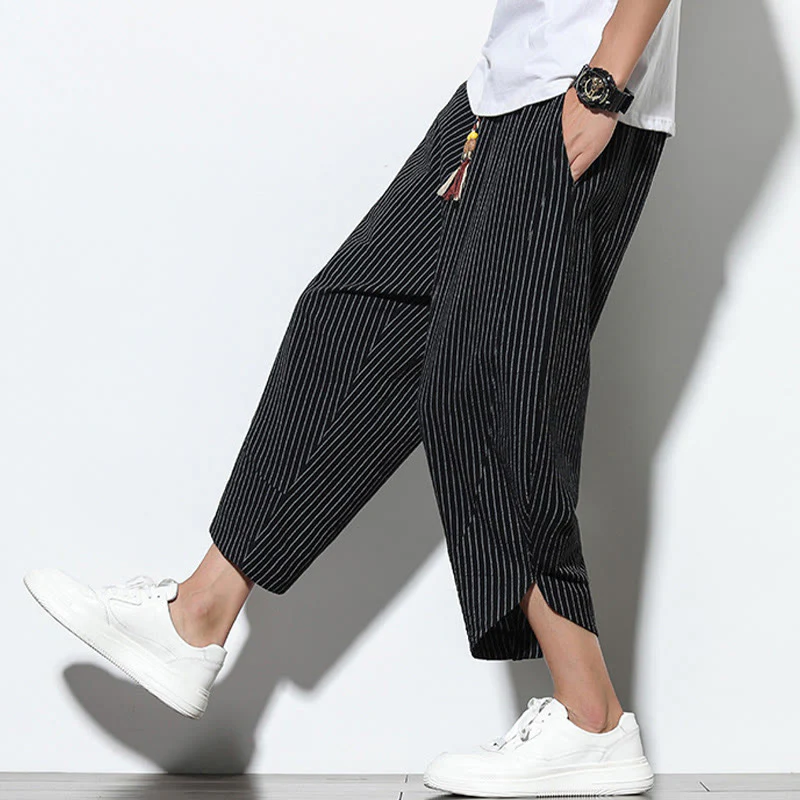 Buddha Stones Summer Stripes Pattern Drawstring Cotton Linen Men's 7-8 Length Harem Pants With Pockets