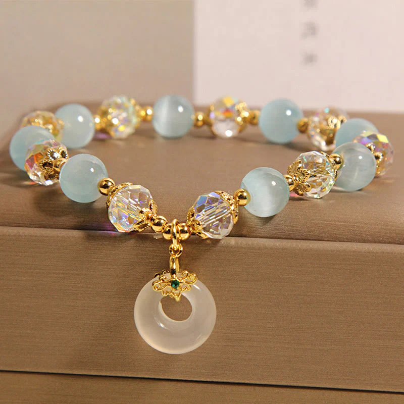 Buddha Stones Blue Cat's Eye White Crystal Peace Buckle Meaning Balance Bracelet