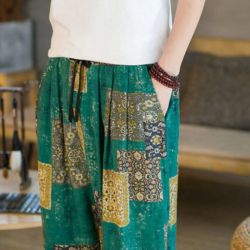 Buddha Stones Summer Square Patchwork Cotton Linen Men's Ankle-Length Harem Pants With Pockets