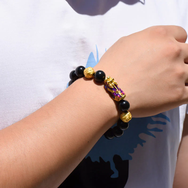 Buddha Stones Fengshui Copper Pixiu Rainbow Obsidian Beads Wealth Bracelet