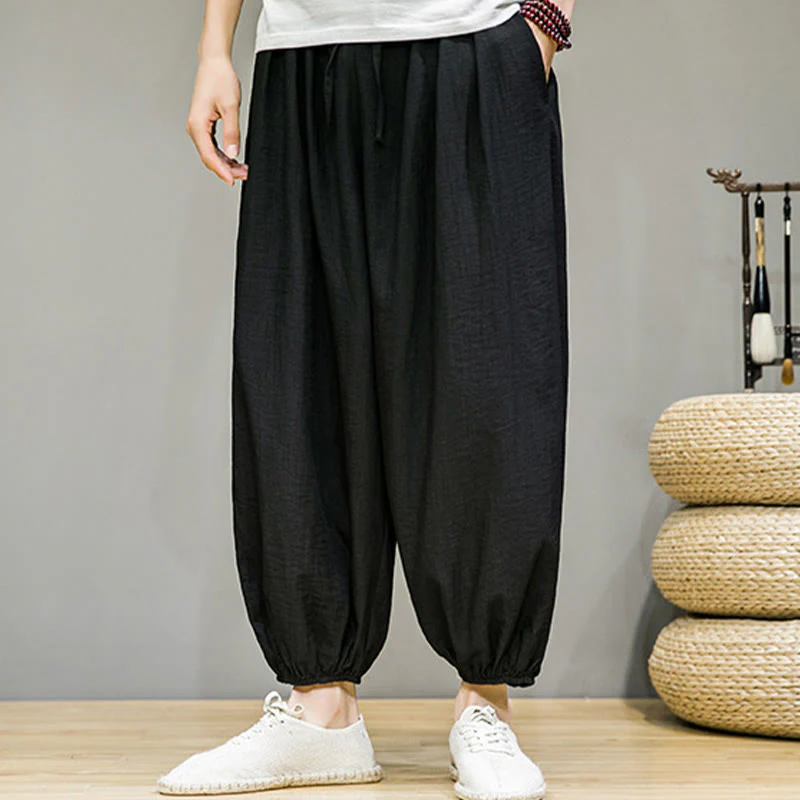 Buddha Stones Summer Plain Drawstring Men's Ankle-Length Cotton Harem Pants With Pockets