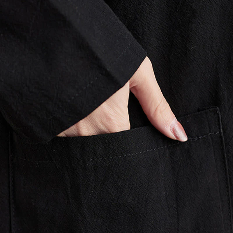 Buddha Stones Fall Casual Simple Design Long Sleeve Cotton Linen Maxi Dress With Pockets