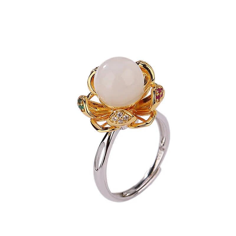 Buddha Stones 925 Sterling Silver White Jade Cyan Jade Lotus Flower Success Ring
