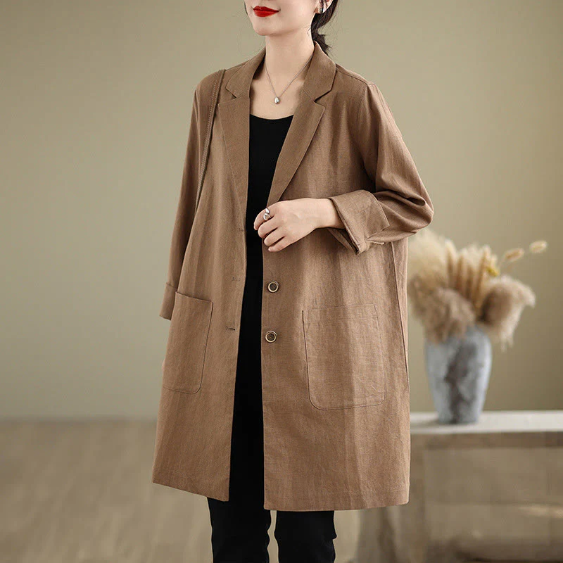 Buddha Stones Casual Fall Buttons Design Lapel Women's Cotton Linen Coat With Pockets