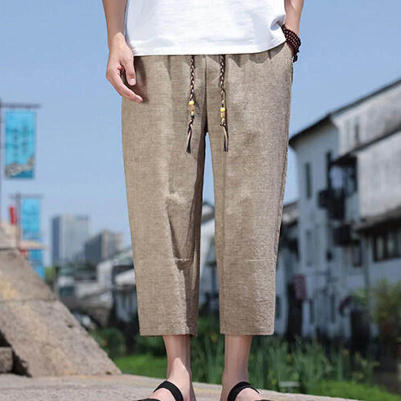 Buddha Stones Casual Woven Bead Waist Rope Men's 7-8 Length Spandex Pants With Pockets