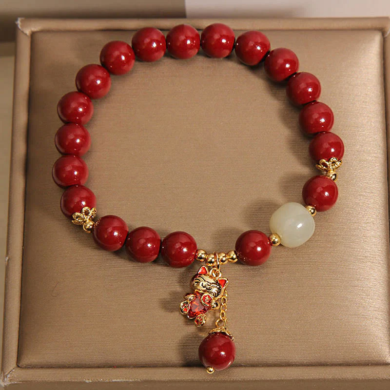 Buddha Stones Natural Lucky Cat Pendant Cinnabar Blessing Bracelet