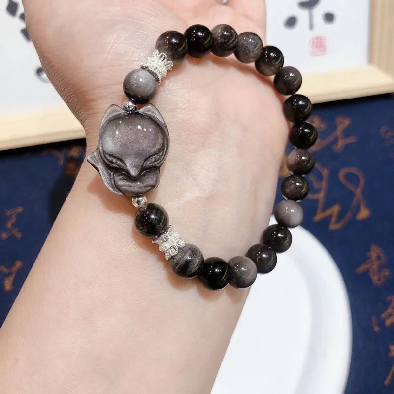 Buddha Stones Natural Silver Sheen Obsidian Nine Tailed Fox Communication Bracelet