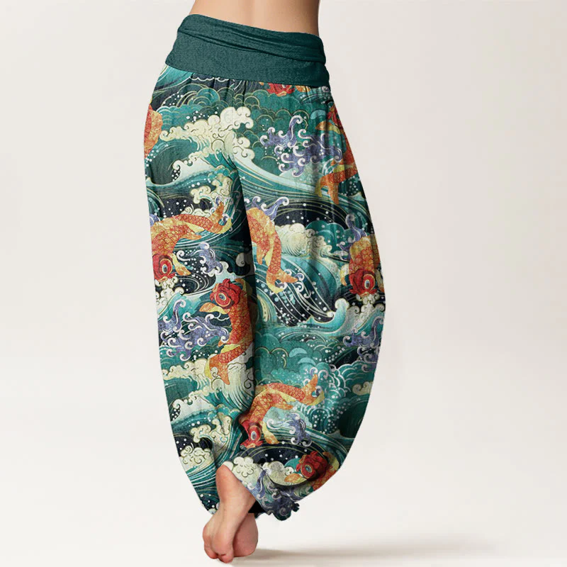 Buddha Stones Casual Koi Fish Ocean Waves Pattern Women's Elastic Waist Harem Pants