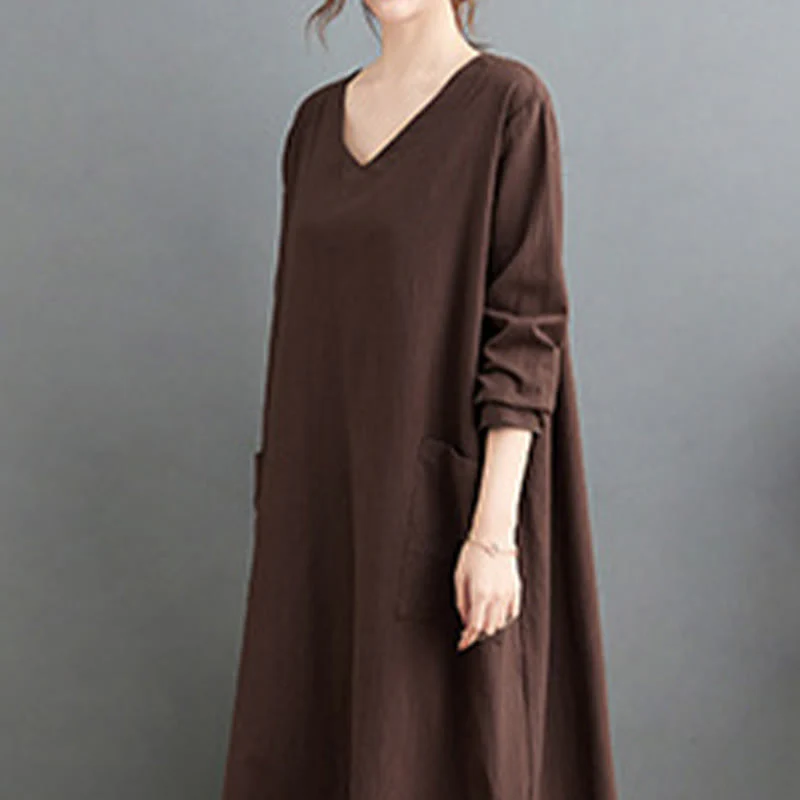 Buddha Stones Fall Casual Simple Design Long Sleeve Cotton Linen Maxi Dress With Pockets