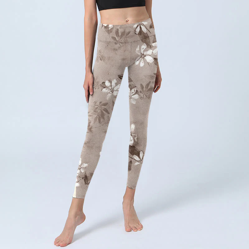 Buddha Stones White Brown Flowers Pattern Gym Leggings Women's Yoga Pants