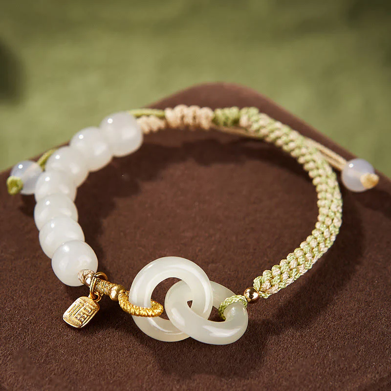 Buddha Stones Natural Hetian Jade Bead Double Peace Buckle Fu Character Abundance Braided Bracelet
