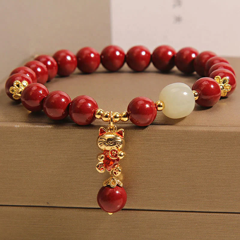 Buddha Stones Natural Lucky Cat Pendant Cinnabar Blessing Bracelet