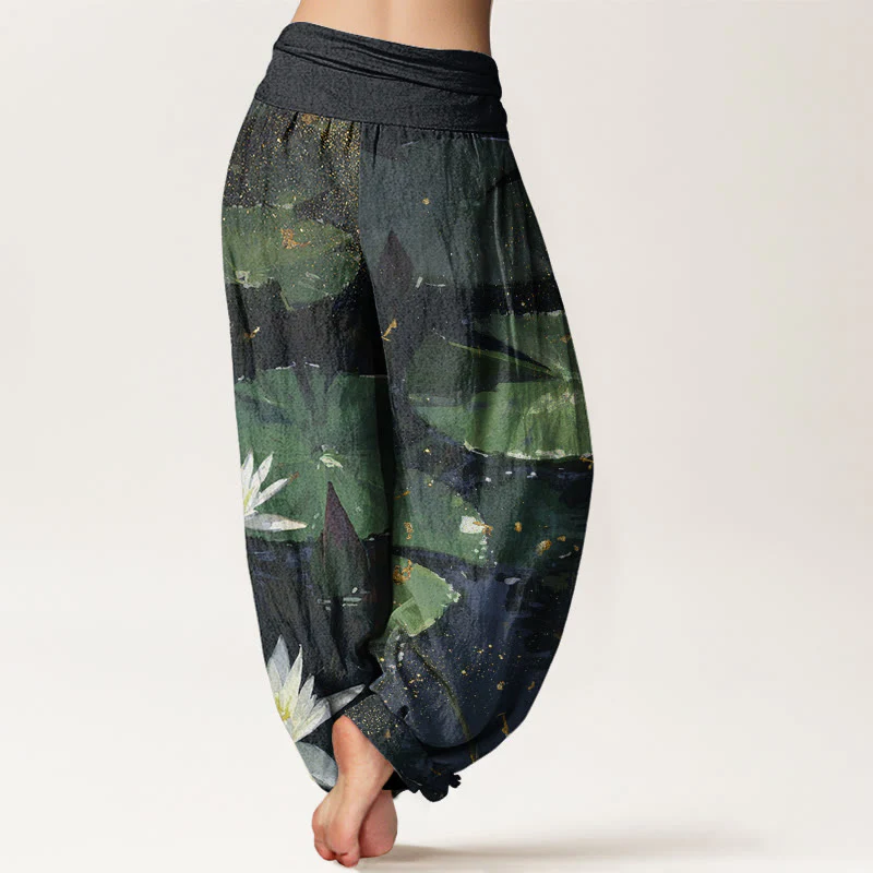 Buddha Stones Casual Lotus Leaves On The Lake Pattern Women's Elastic Waist Harem Pants
