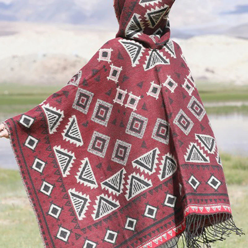 Buddha Stones Tibetan Shawl Triangle Pattern Hooded Cloak Winter Cozy Travel Scarf Wrap