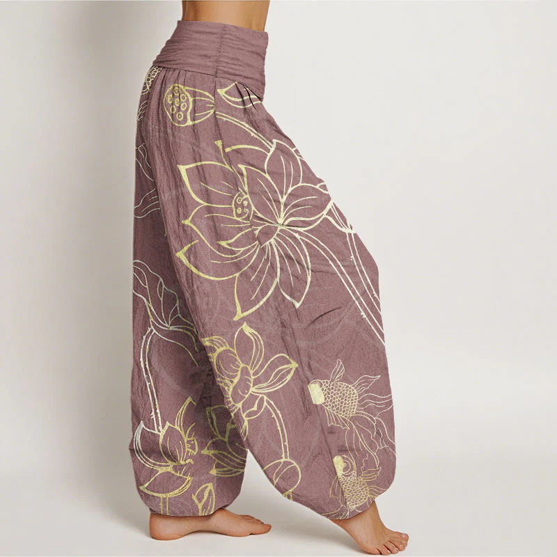 Buddha Stones Pure Cotton Lotus Leaf Koi Fish Women's Elastic Waist Harem Pants