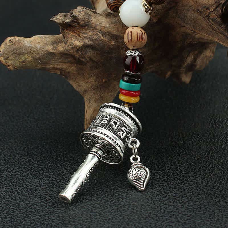 Buddha Stones Tibetan Om Mani Padme Hum Prayer Wheel Rotation Vajra Wood Necklace Pendant