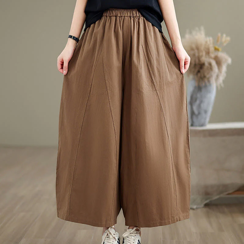 Buddha Stones Casual Plain Cotton Women's 7-8 Length Wide Leg Pants With Pockets