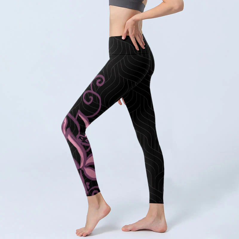 Buddha Stones Black Pink Lotus Flower Print Gym Leggings Women's Yoga Pants