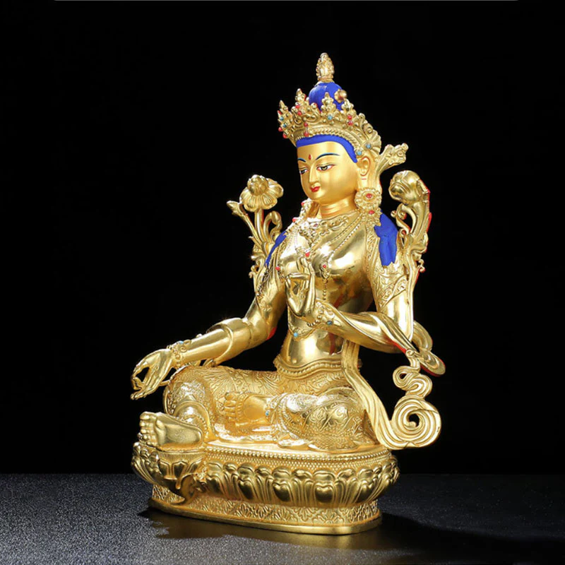 Buddha Stones Chenrezig Four-armed Avalokitesvara Protection Copper Gold Plated Statue Decoration