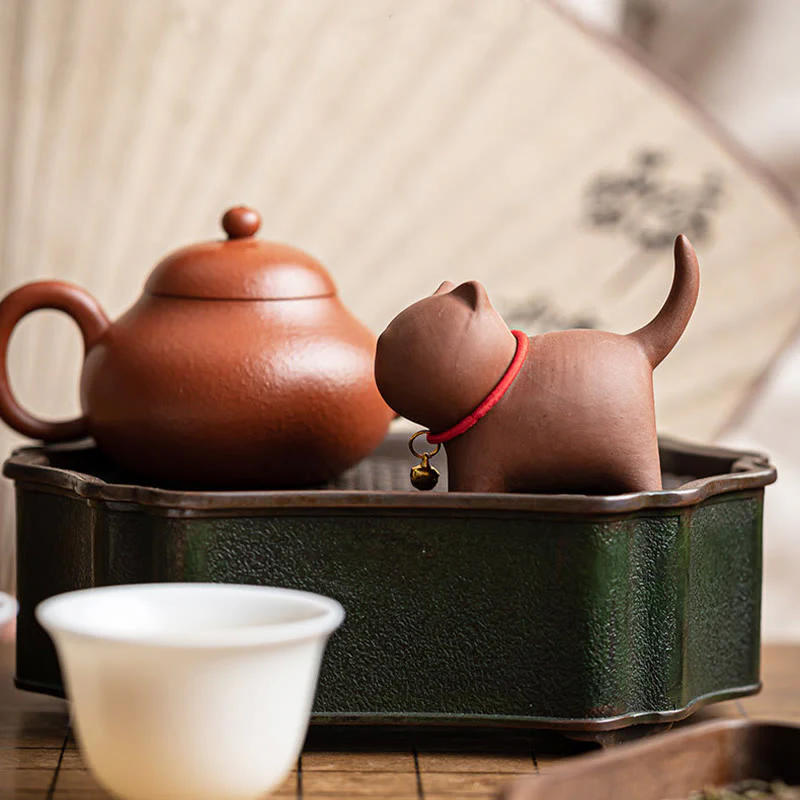 Buddha Stones Mini Lovely Red Rope Bell Cat Tea Pet Purple Clay Figurine Desk Decoration