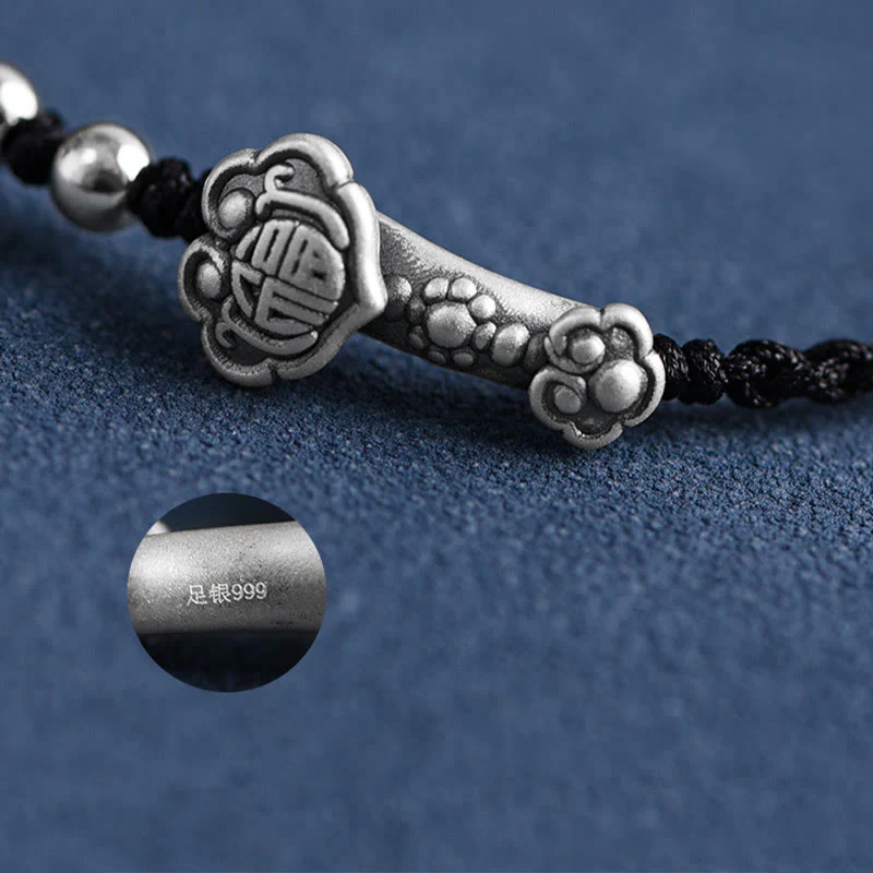 Buddha Stones Handmade 999 Sterling Silver Fu Character Wish Ruyi Handle Fortune Rope Bracelet Anklet