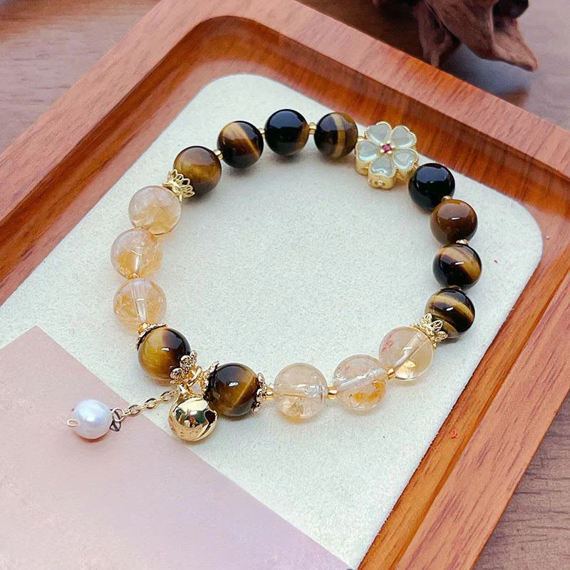 Buddha Stones Natural Tiger Eye Citrine Beads Flower Bell Courage Bracelet