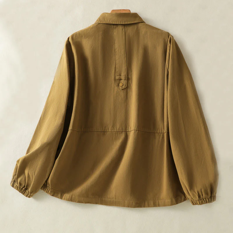 Buddha Stones Plain Button Design Stand Collar Women's Cotton Jacket