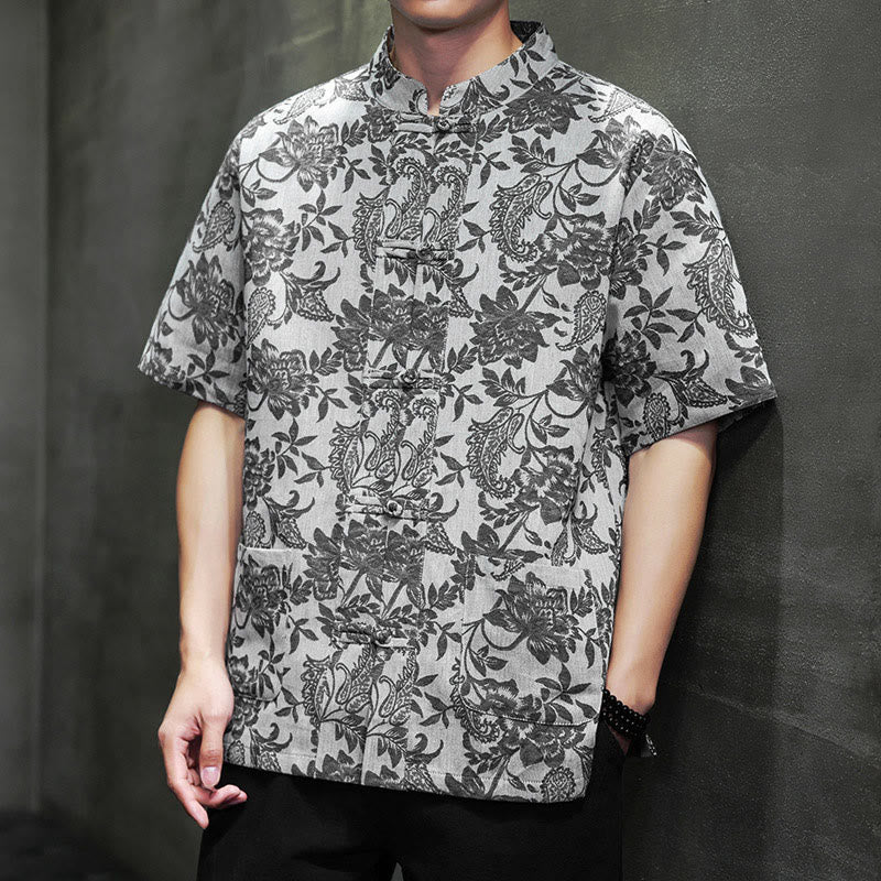 Buddha Stones Casual Jacquard Paisley Flower Plant Pattern Frog-Button Design Men's Cotton Shirt Cardigan With Pockets