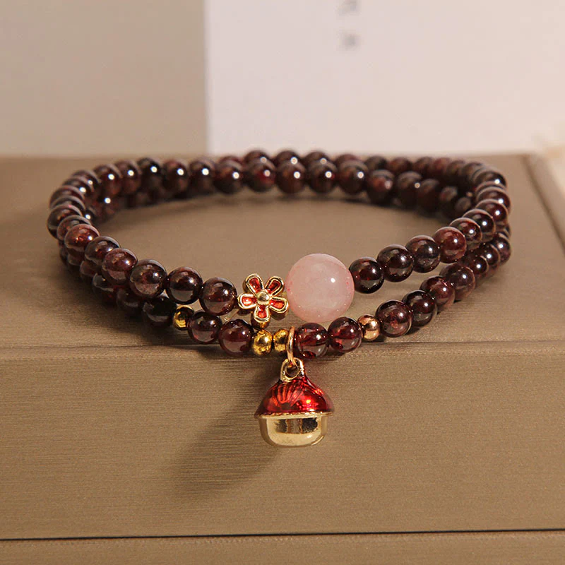 Buddha Stones Natural 3mm Ultra-thin Garnet Rose Quartz Beads Money Bag Bell Flower Protection Bracelet