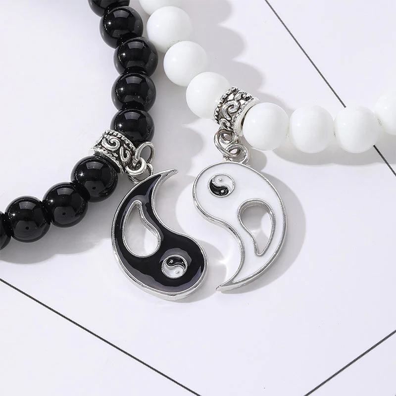 Buddha Stones 2Pcs Black Onyx White Turquoise Bead Yin Yang Protection Couple Bracelet