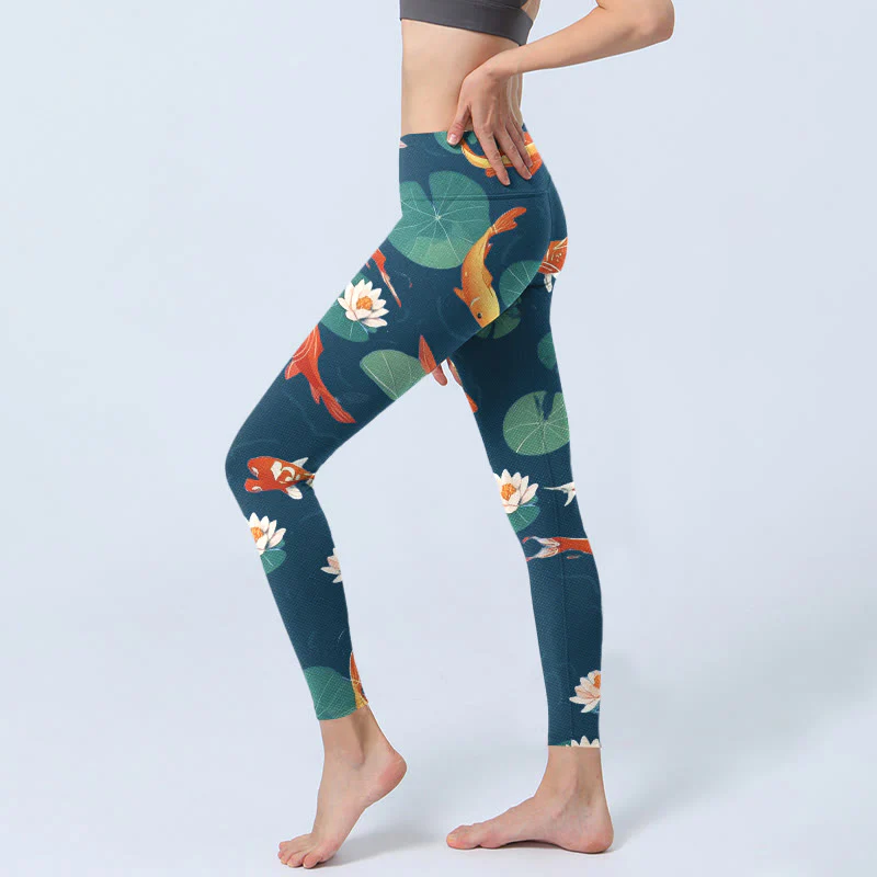 Buddha Stones Koi Fish Lotus Flower Lotus Leaves Pattern Print Gym Leggings Women's Yoga Pants