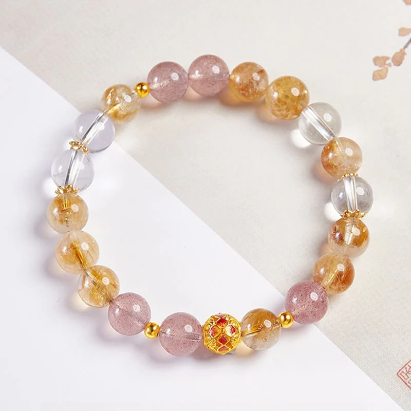 Buddha Stones 999 Sterling Silver Citrine Strawberry Quartz White Crystal Protection Bracelet