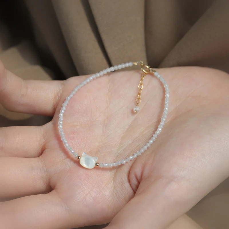 Buddha Stones 14K Gold Plated Black Spinel White Crystal Cute Cat Tridacna Stone Healing Bracelet