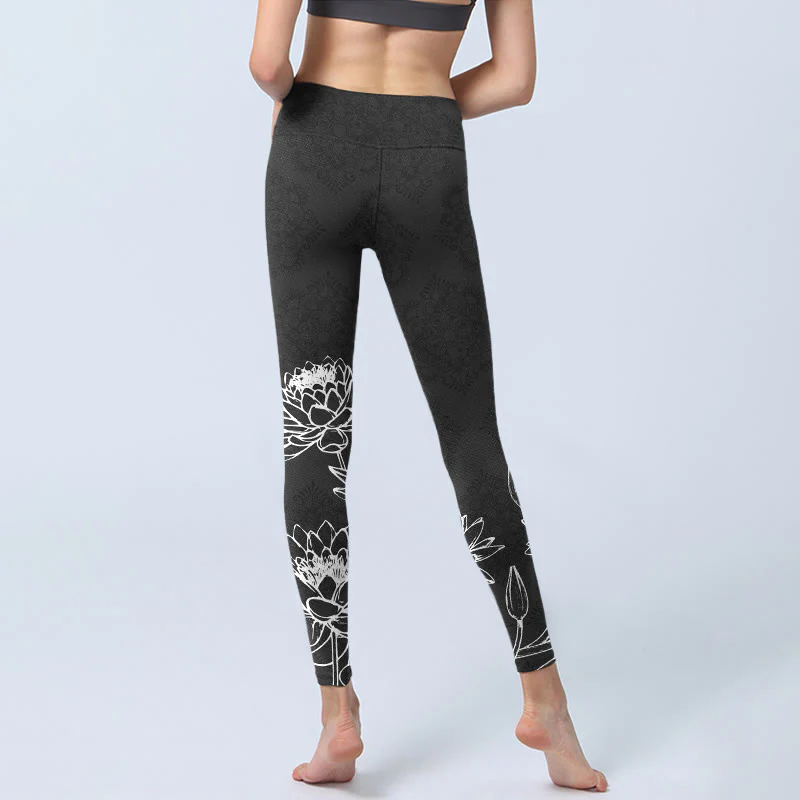 Buddha Stones White Sketch Lotus Flowers Leaves Print Gym Leggings Women's Yoga Pants