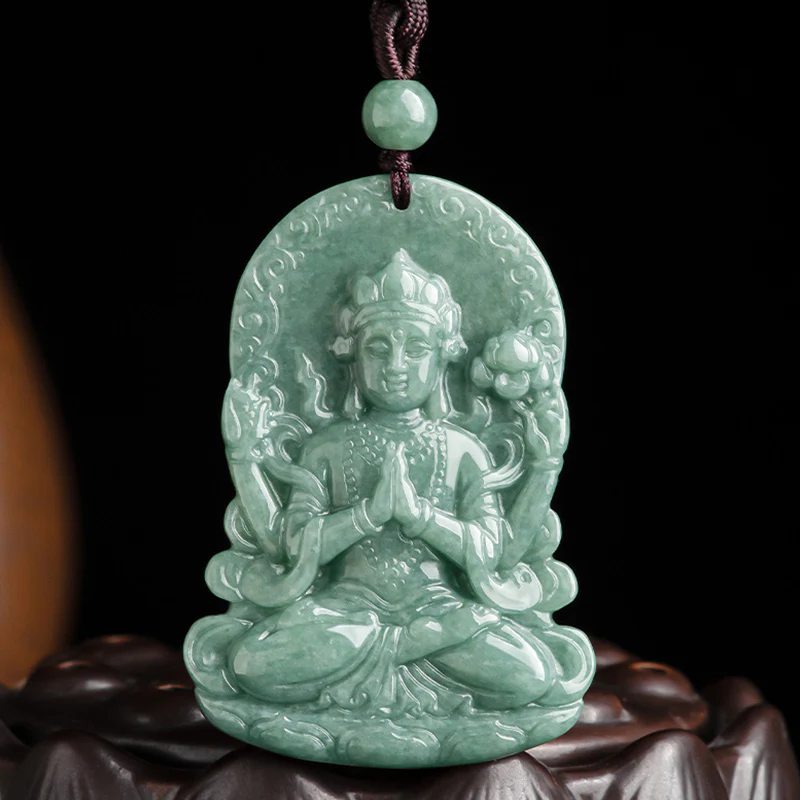 Buddha Stones Four-armed Avalokitesvara Natural Jade Amulet Blessing String Necklace