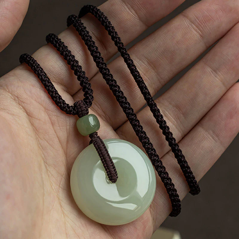 Buddha Stones Natural Round Jade Peace Buckle Luck Prosperity Necklace Pendant
