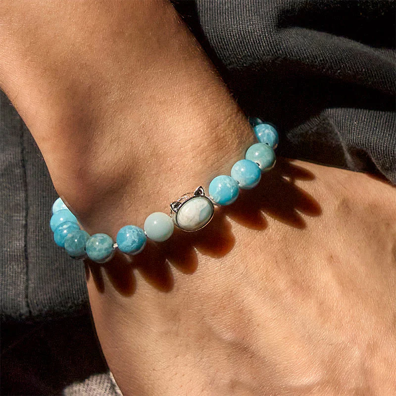 Buddha Stones Natural Cat Larimar Wisdom Beads Bracelet