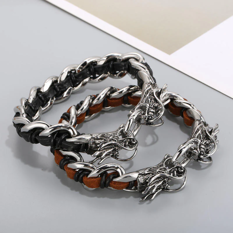 Buddha Stones Dragon Leather Titanium Steel Protection Luck Braided Bracelet