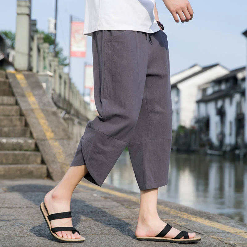 Buddha Stones Summer Casual Simple Plain Tapered Design Drawstring Men's  7-8 Length Cotton Linen Pants With Pockets